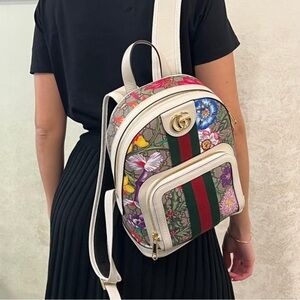 Authentic Gucci Ophidia GG Supreme Flora Backpack bag white leather gold GG logo